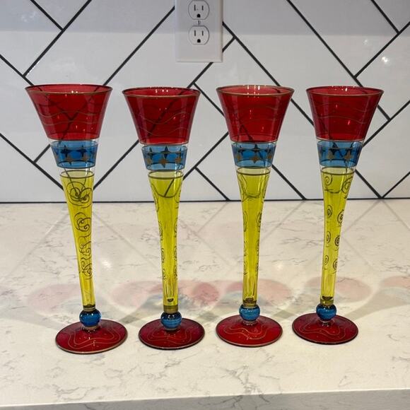 Pier 1 Fluted Champagne Glasses Set Red Blue Yellow Gold Swirls star Stemware x4 - Picture 1 of 8